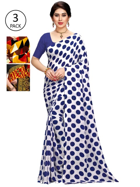 KALINI Pack of 3 Printed Sarees with Unstitched Blouse Pieces, Multi