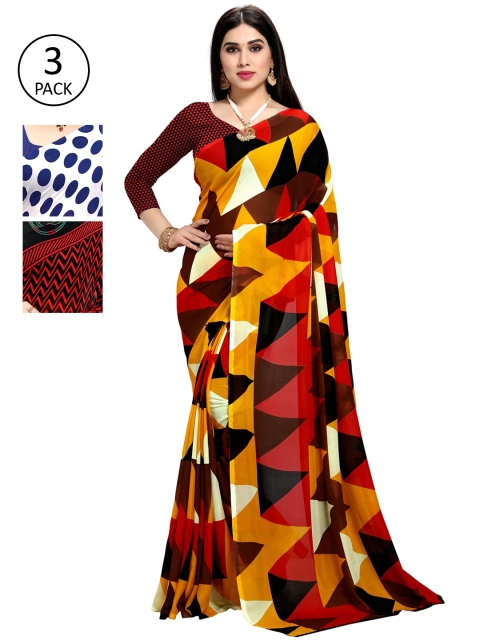 

KALINI Pack of 3 Poly Georgette Printed Sarees, White