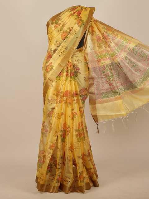 

Pothys Yellow & Red Cotton Blend Floral Zari Saree