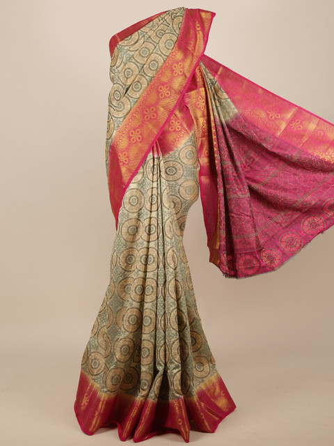 

Pothys Cream-Coloured & Pink Jute Silk Saree