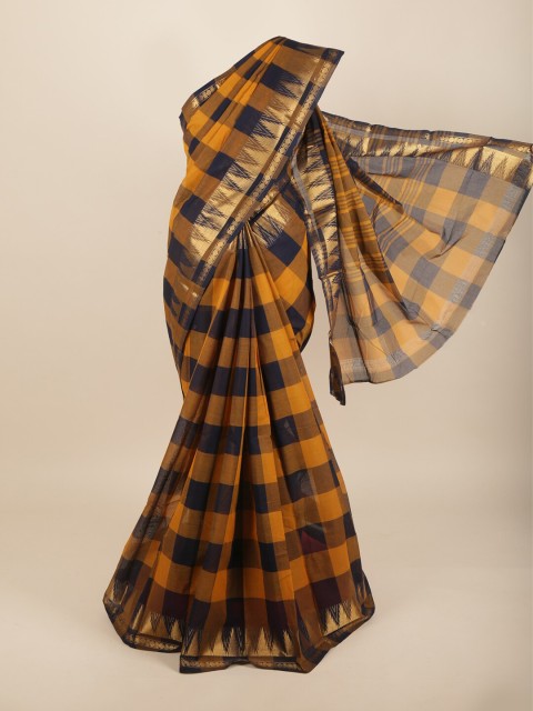 

Pothys Blue & Yellow Checked Pure Cotton Saree