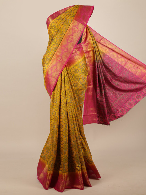 

Pothys Mustard Yellow & Pink Ethnic Motifs Zari Jute Silk Saree
