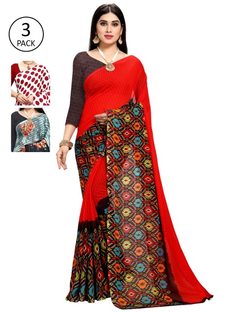 

KALINI Pack Of 3 Sarees, Red
