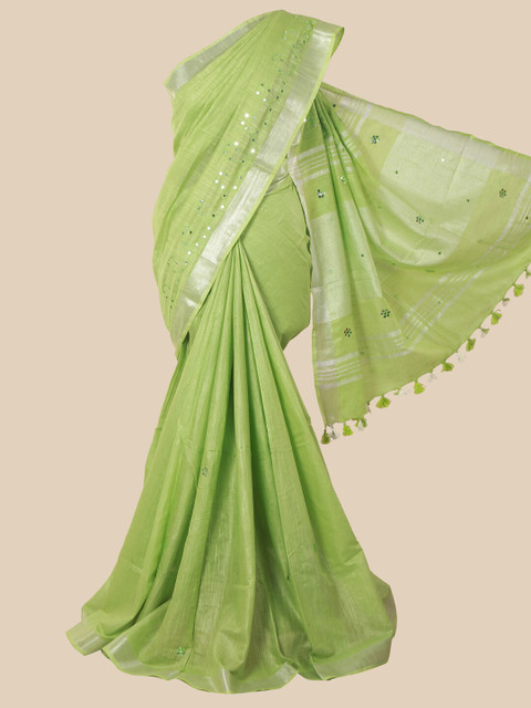 

Pothys Green & Silver-Toned Embellished Mirror Work Jute Cotton Saree
