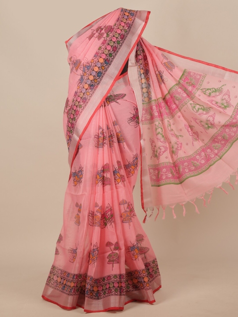 

Pothys Pink & Green Floral Zari Linen Blend Saree