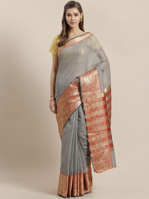 

Mitera Grey & Red Striped Kota Polycotton Saree