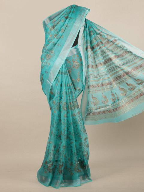 

Pothys Blue & White Floral Jute Silk Bhagalpuri Saree