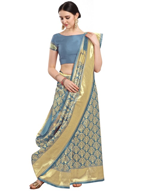 

KALINI Grey & Gold-Toned Ethnic Motifs Silk Blend Banarasi Saree