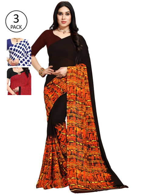 

KALINI Pack of 3 Poly Georgette Printed Sarees, White