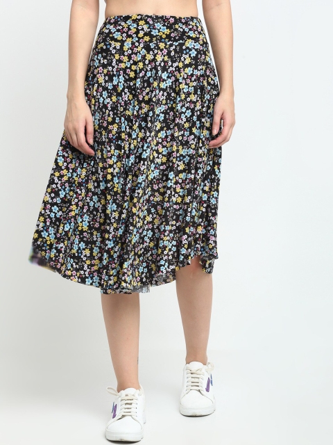 

NEUDIS Women Black & Yellow Printed Flared Skater Midi Skirt