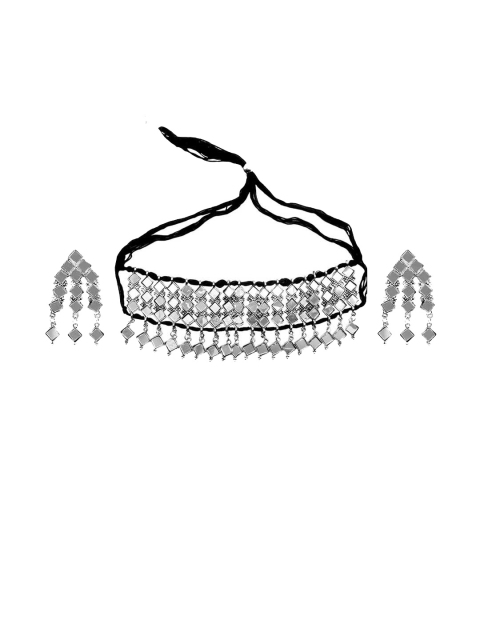 

TEEJH Women Oxidised Silver-Plated Kiana Mirror-Work Jewellery Set