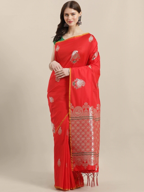 

Mitera Red & Silver-Toned Ethnic Motifs Zari Brocade Baluchari Saree