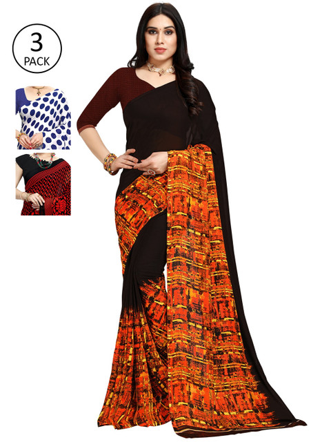 

KALINI Pack of 3 Poly Georgette Printed Sarees, Red