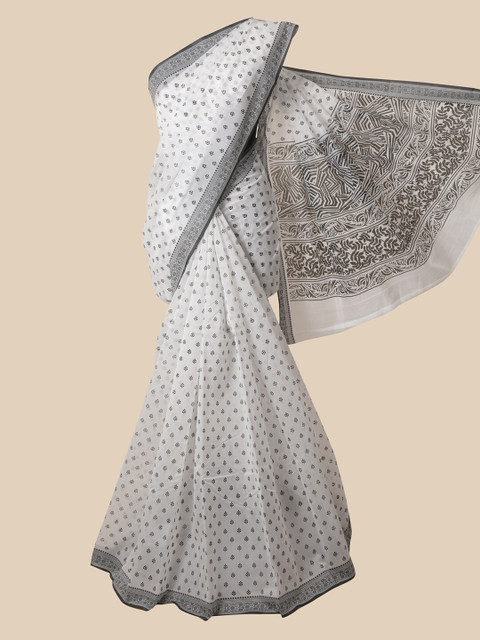 

Pothys White & Grey Floral Chanderi Saree