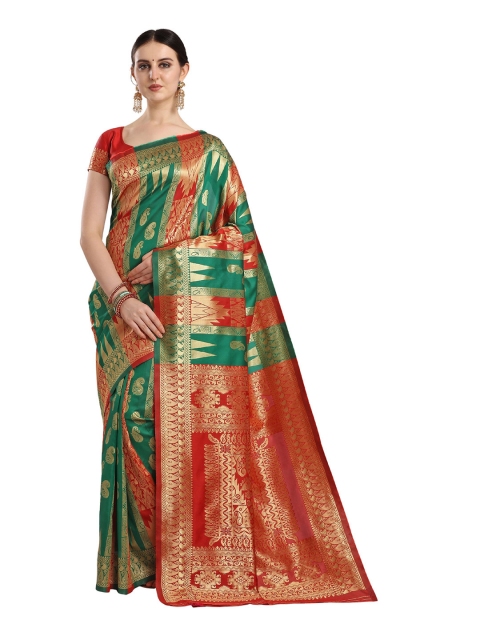 

KALINI Green & Red Paisley Zari Silk Blend Fusion Banarasi Saree