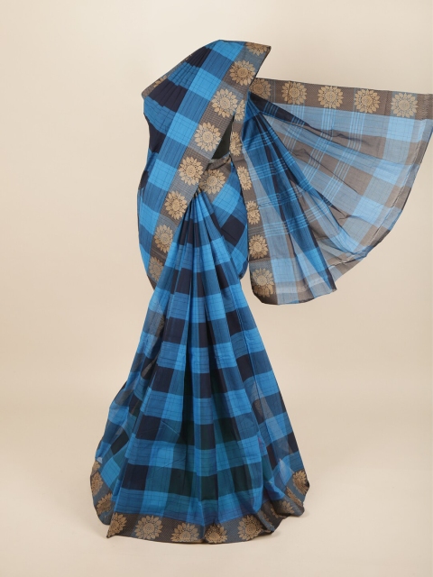 Pothys Blue & Black Checked Pure Cotton Saree
