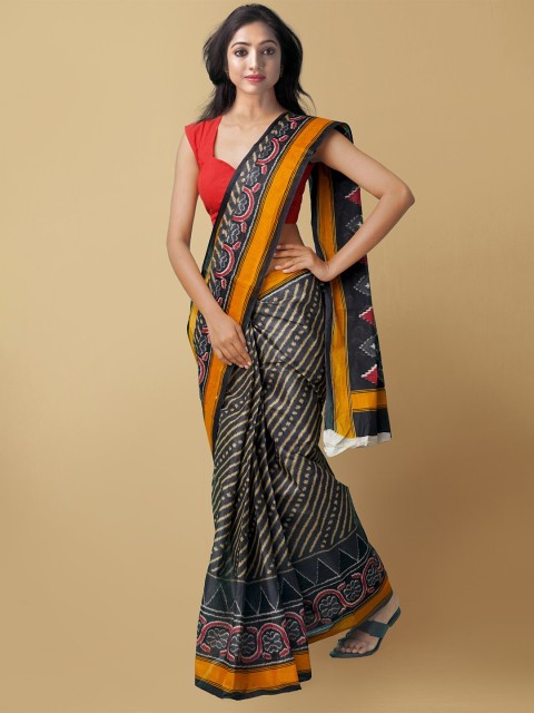 

Unnati Silks Grey & Yellow Striped Pure Cotton Kovai Saree