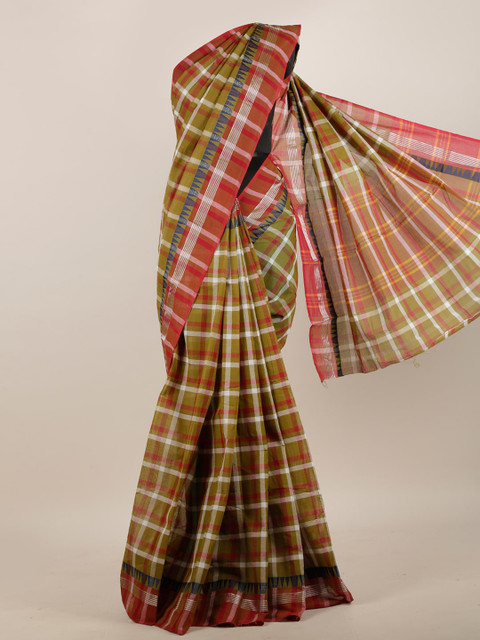 

Pothys Olive Green & Red Checked Pure Cotton Saree