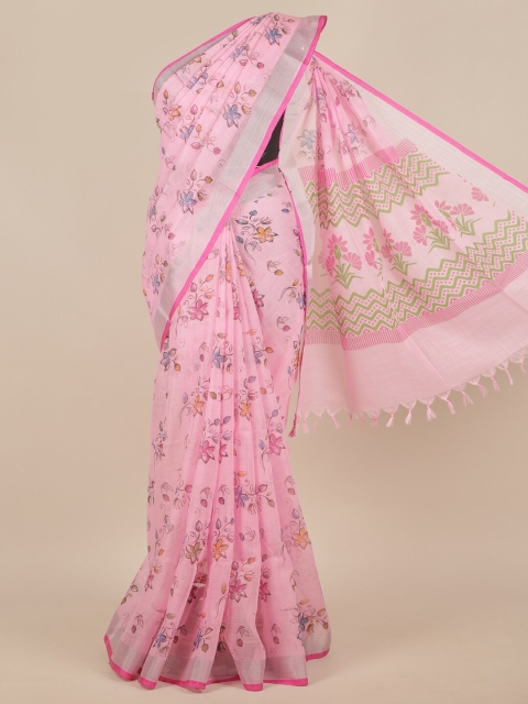 

Pothys Pink & Blue Floral Zari Linen Blend Saree