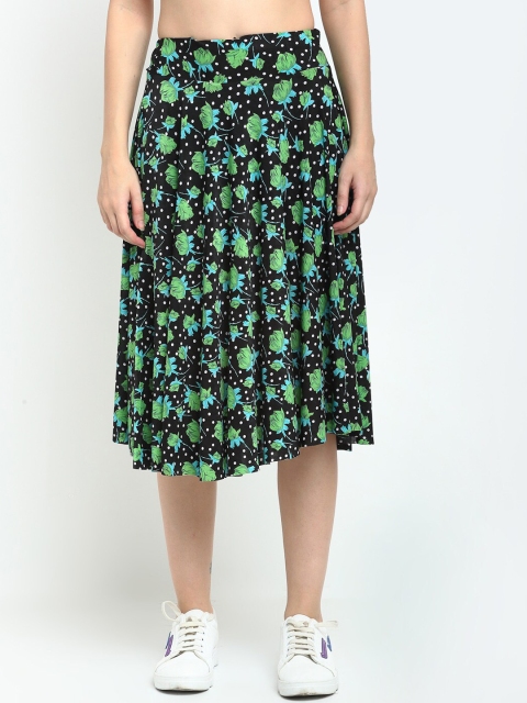 

NEUDIS Green & Black Floral Printed Flared Midi Skirt