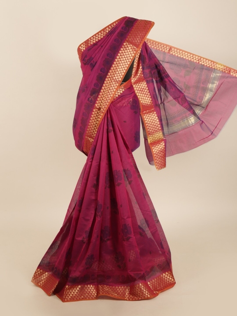 

Pothys Violet & Gold-Toned Floral Silk Cotton Saree