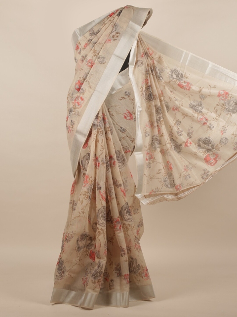 

Pothys Cream-Coloured & Orange Floral Zari Saree