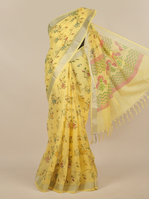 

Pothys Yellow & Pink Floral Linen Blend Saree