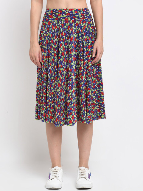 

NEUDIS Women Blue & Red Floral Printed Flared Midi Skater Skirt