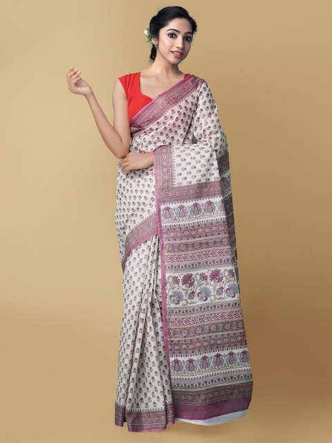 

Unnati Silks White & Purple Ethnic Motifs Pure Cotton Kovai Saree