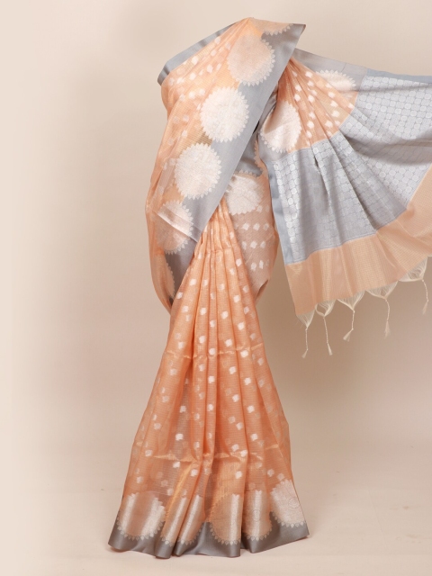 

Pothys Peach-Coloured & Silver-Toned Ethnic Motifs Zari Tissue Saree