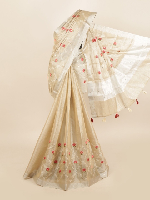 

Pothys Cream-Coloured & Pink Embroidered Beads and Stones Tissue Saree