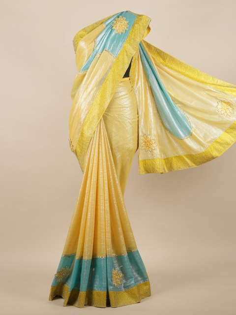

Pothys Yellow & Blue Woven Design Beads and Stones Poly Chiffon Saree