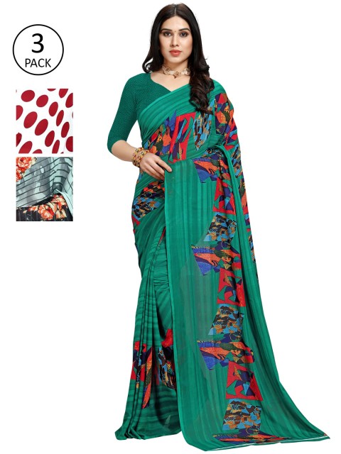 

KALINI Pack Of 3 Sarees, Green