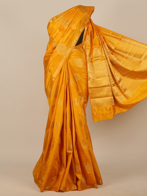 

Pothys Mustard & Gold-Toned Floral Zari Jute Silk Saree