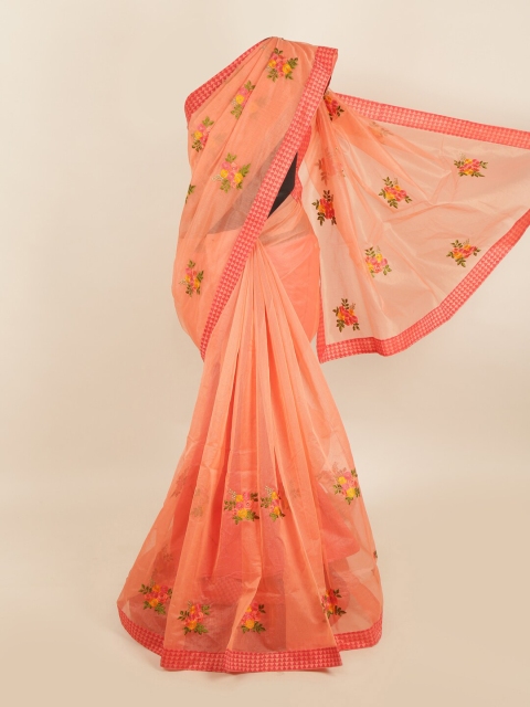 

Pothys Orange & Green Floral Supernet Saree