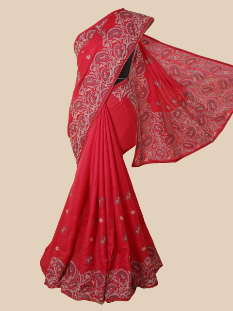 

Pothys Red & Silver-Toned Woven Design Net Saree