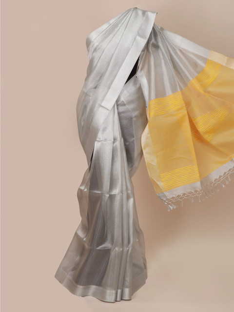 

Pothys Silver-Toned & Yellow Zari Tissue Saree