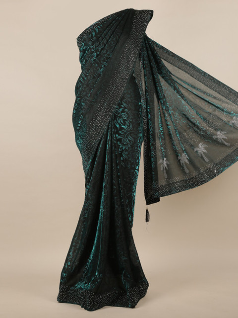 

Pothys Green & Silver-Toned Floral Beads and Stones Jute Silk Saree
