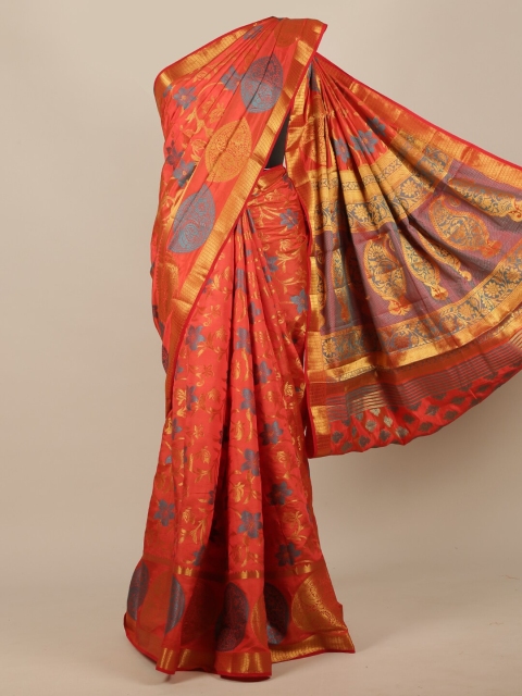 

Pothys Orange & Navy Blue Ethnic Motifs Jute Silk Saree