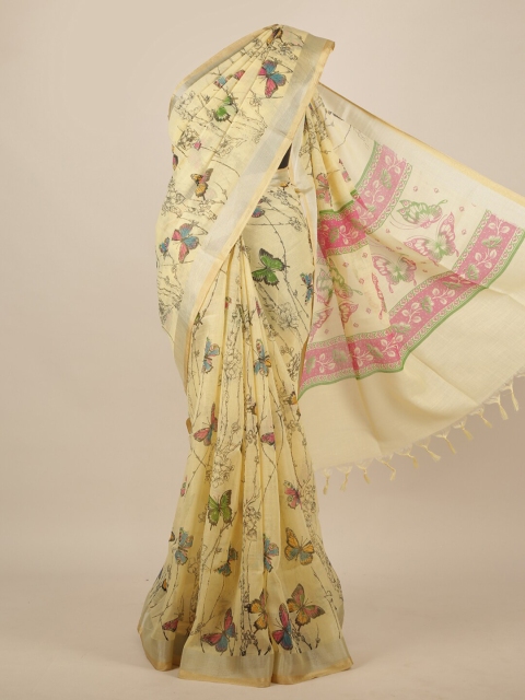 

Pothys Cream-Coloured & Green Floral Zari Linen Blend Saree