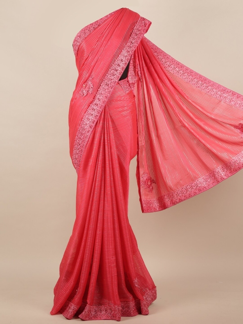 

Pothys Pink Striped Poly Chiffon Saree