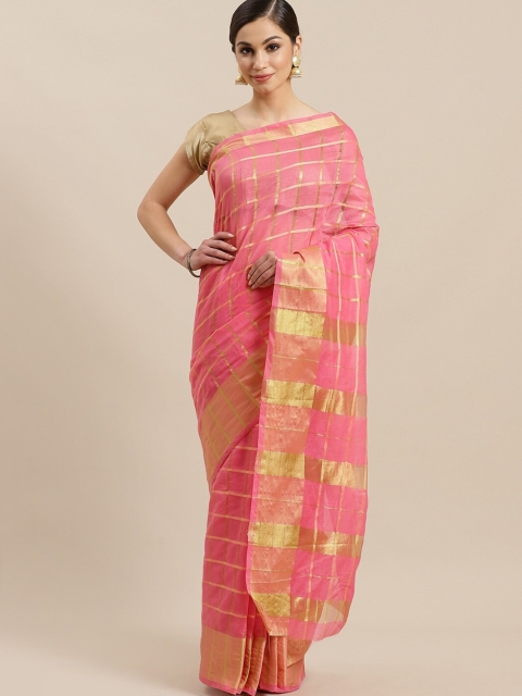 Mitera Pink & Gold-Toned Checked Zari Mangalagiri Saree