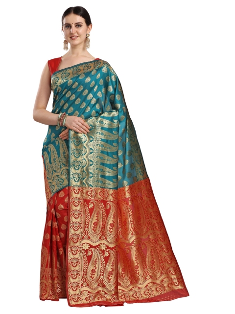 

KALINI Teal Green & Red Ethnic Motifs Zari Half and Half Banarasi Saree