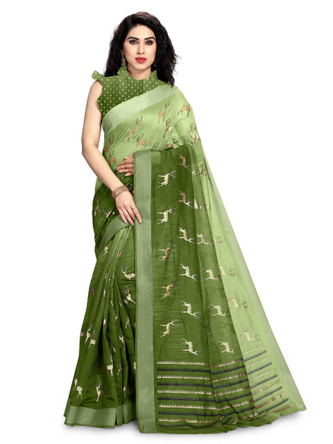 

KALINI Green & White Ethnic Motifs Polycotton Saree