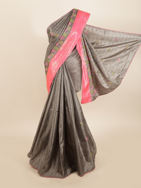 

Pothys Grey & Pink Floral Embroidered Jute Silk Saree