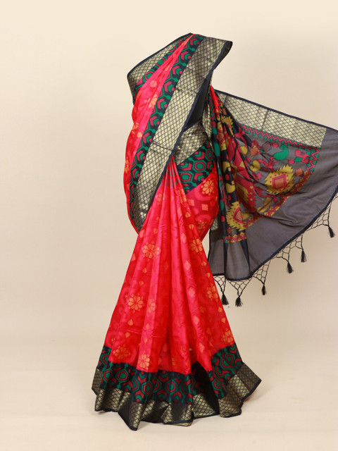 

Pothys Pink & Yellow Floral Silk Blend Saree