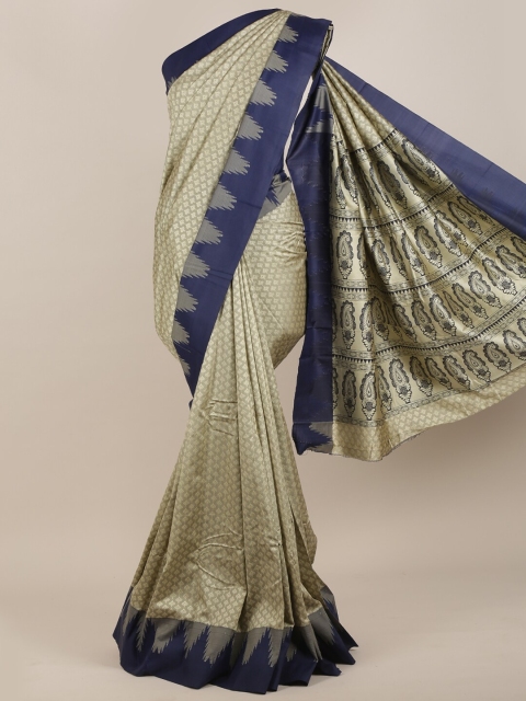 

Pothys Cream-Coloured & Navy Blue Ethnic Motifs Art Silk Saree