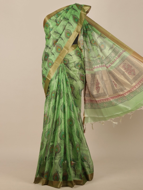 

Pothys Green & Black Zari Cotton Blend Saree