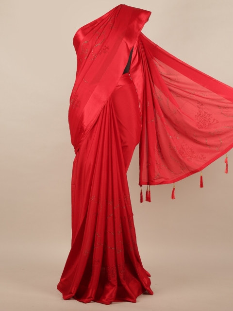 Pothys Red & Gold-Toned Embellished Beads and Stones Saree