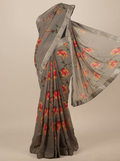

Pothys Grey & Orange Floral Zari Saree